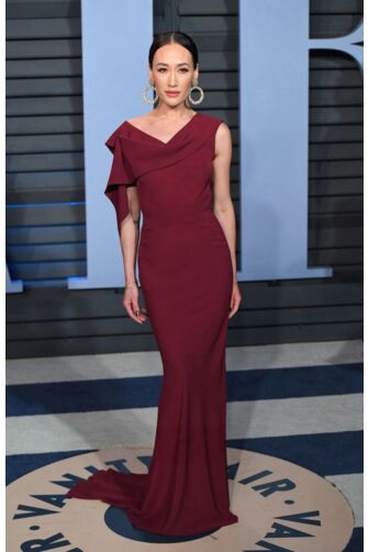 Maggie Q Burgundy Mermaid Formal Celebrity Dress Vanity Fair Oscar Party 2018