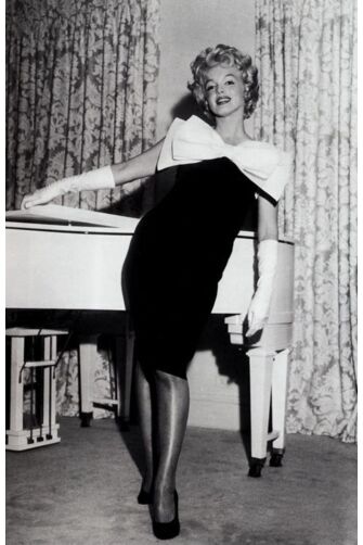 Marilyn Monroe Inspired 1950s Little Black Cocktail Party Celebrity Dress with White Bow