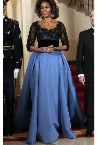 Michelle Obama Inspired Black and Blue Lace Celebrity Formal Evening Dress