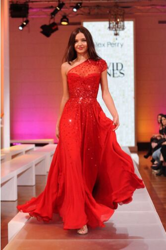 Miranda Kerr Red One-Shoulder Sequined Chiffon Formal Prom Dress David Jones