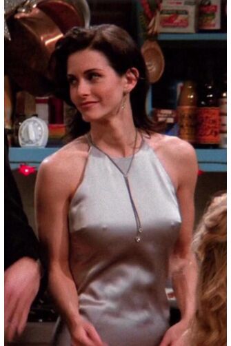 Courteney Cox Monica Geller Silver Gray Satin Formal Party Dress in TV Show "Friends"