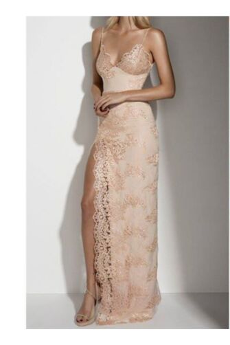 Blushing Lace – Blush Pink Spaghetti-Strap Lace Gown with Thigh-High Slit