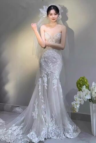 Lace Strapless Mermaid Gown with Long Train for Formal Events