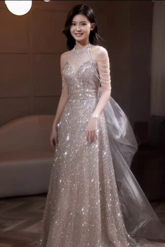 Champagne Halter Sparkle Gown with Shoulder Chains – Perfect for Weddings and Red-Carpet Events