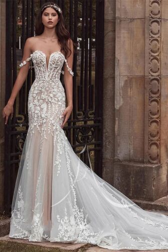 Lace Illusion Mermaid Wedding Gown with Off-the-Shoulder Sleeves and Cathedral Train