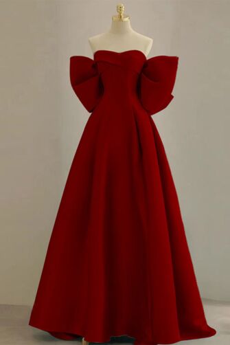 Crimson Off-Shoulder Ball Gown with Dramatic Bow Sleeves – Perfect for Formal Galas and Weddings