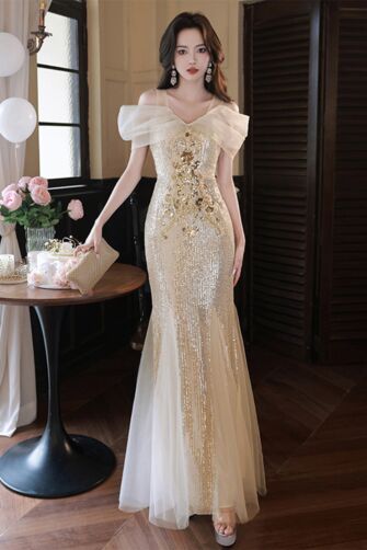 Champagne Sequin Off-Shoulder Mermaid Gown with Tulle Overlay – Perfect for Weddings and Evening Galas