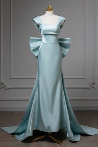 Elegant Aqua Satin Gown with Dramatic Bow Sleeves and Flowing Train