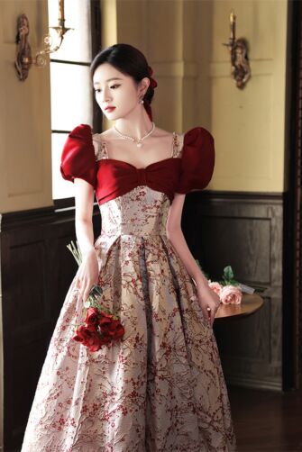 Elegant Red Velvet Bow and Floral Brocade Ball Gown – Perfect for Weddings and Formal Events