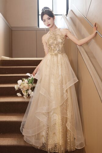 Golden Lace and Tulle Tiered Gown with Shoulder Detailing – Elegant for Weddings and Special Occasions