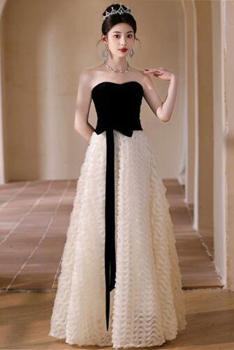 Dusk & Dawn – Strapless Velvet Bodice & Ruffled Chiffon Ball Gown