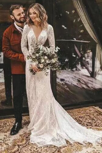 Long-Sleeve Lace V-Neck Mermaid Gown with Long Train for Wedding or Formal Events