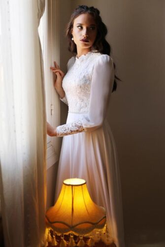 Long-Sleeve Lace High-Neck Gown with Flared Skirt for Formal Events