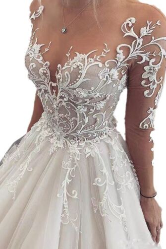 Illusion Lace Long-Sleeve Ball Gown with Full Skirt for Formal Events