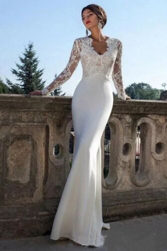Long-Sleeve Lace Bodice Mermaid Gown with Long Train for Formal Events