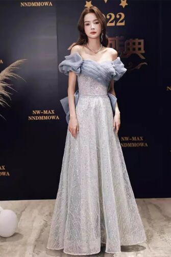 Silver Off-the-Shoulder Ruffled Gown – Perfect for Weddings and Gala Evenings