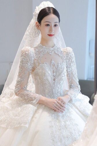 Ivory High-Neck Lace Appliqué Ball Gown with Puff Shoulders – Perfect for Grand Weddings