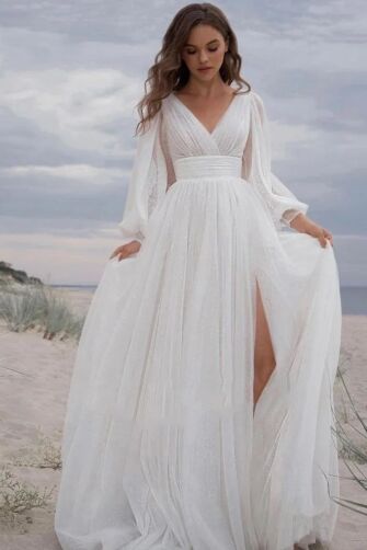 V-Neck Long Sleeve Flowy Gown with High Slit for Formal Events