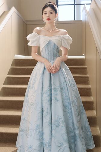 Elegant Blue Floral Off-Shoulder Ball Gown with Puff Sleeves