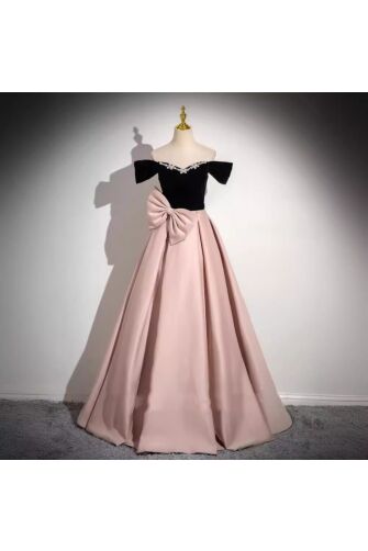 Blush & Black Off-Shoulder Bow Gown – Perfect for Weddings and Formal Events