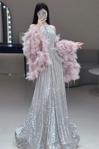 Shimmering Silver Sequin Gown with Pink Feather Shawl – Perfect for Gala and Evening Parties