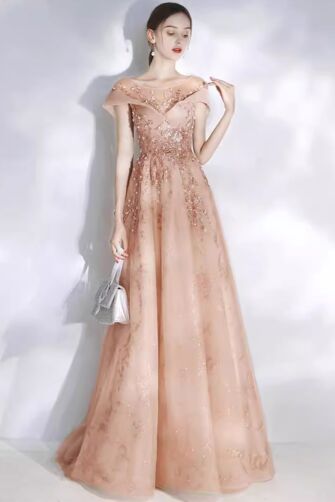 Blush Rose Embroidered Gown – Luxe Off-Shoulder Dress with Floral Sequin Details