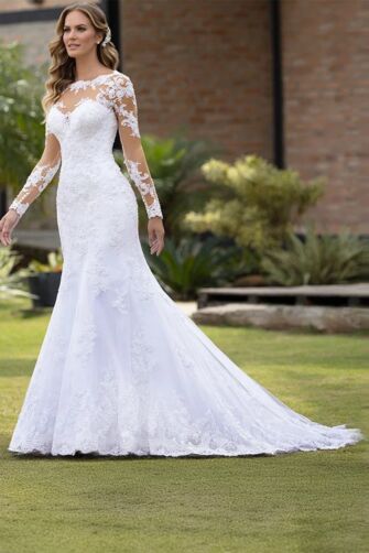 Long-Sleeve Illusion Neckline Lace Mermaid Gown with Long Train for Wedding Events