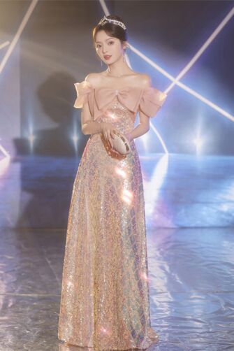Sparkling Rose Sequin Gown with Off-Shoulder Bow – Elegant Mermaid Dress