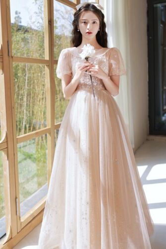 Soft Champagne Tulle Gown with Sparkling Sequins and Puff Sleeves – Perfect for Weddings and Formal Events