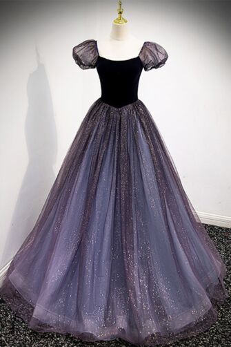 Enchanted Purple Velvet and Tulle Ball Gown with Glitter – Perfect for Evening Galas