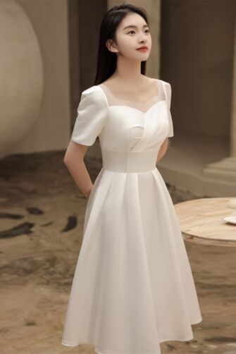 Timeless Ivory Midi Dress – Elegant A-Line Gown with Sheer Neckline and Puff Sleeves