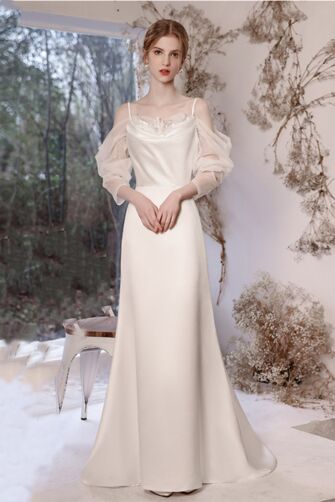 White Spaghetti-Strap Off-the-Shoulder Gown with Sheer Sleeves – Perfect for Weddings and Formal Occasions