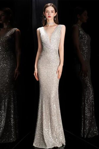 Celestial Silver Sequin Gown – Glamorous Deep V-Neck Bodycon Dress for Red Carpet & Gala Nights