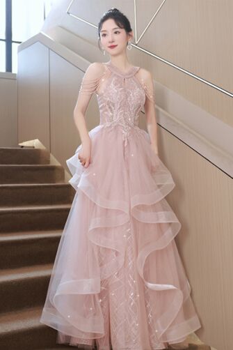 Elegant Blush Pink Ruffled Tulle Gown with Beaded Detailing – Perfect for Galas and Formal Events