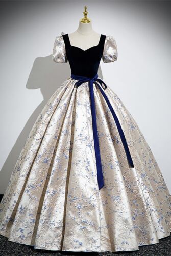 Velvet-Bodice Brocade Ball Gown with Short Sleeves – Perfect for Weddings and Grand Occasions