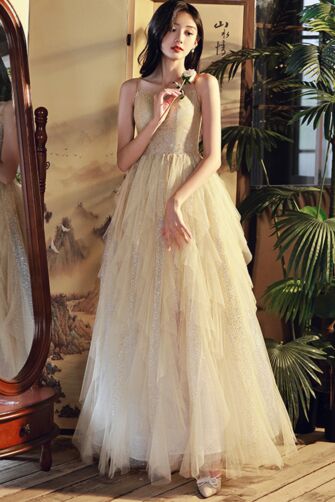 Elegant Champagne Tulle Gown with Glittering Sequins – Perfect for Weddings and Formal Events