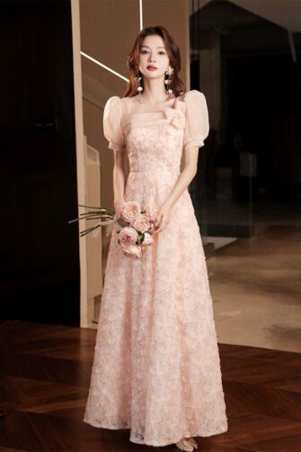Blush Lace Puff-Sleeve A-Line Gown – Perfect for Weddings and Formal Events