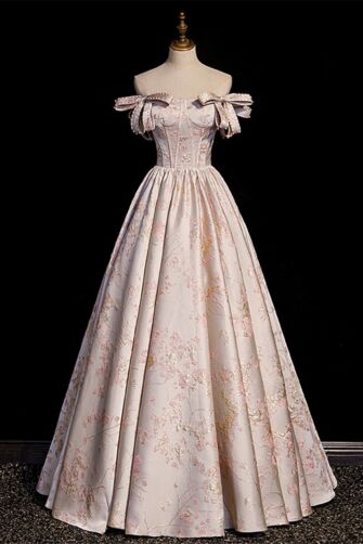 Blush Pink Floral Embroidered Off-Shoulder Gown with Satin Bows – Perfect for Weddings and Formal Events