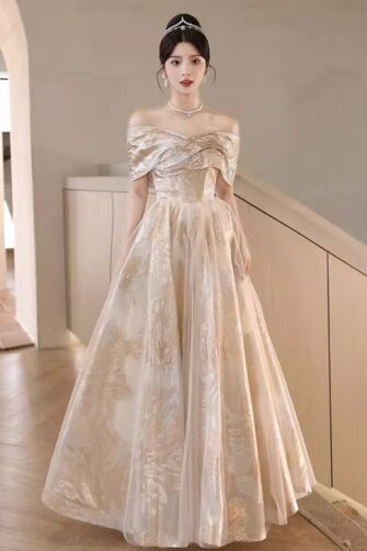 Elegant Off-Shoulder Golden Embroidered Gown – Perfect for Weddings and Formal Events