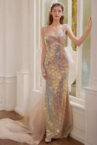 Celestial Glow Sequin Gown – Iridescent Tulle with Elegant Train