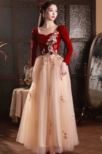 Red Velvet and Champagne Tulle Embroidered Gown – Perfect for Formal Events and Celebrations