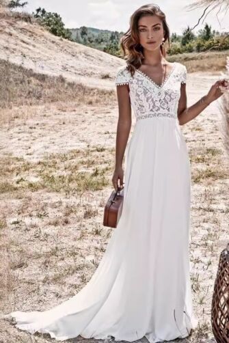 Lace-Top V-Neck A-Line Gown with Long Train for Boho Weddings