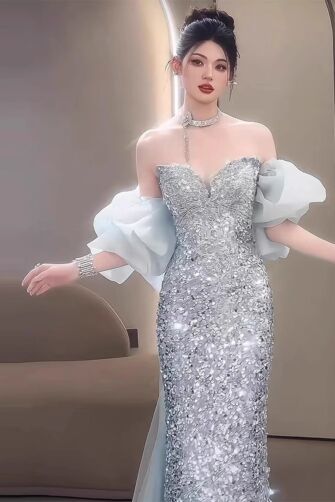 Silver Stardust – Off-Shoulder Sequin Mermaid Gown with Puffy Organza Sleeves