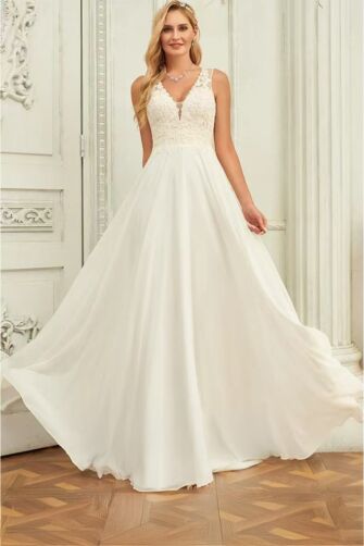 V-Neck Lace Bodice Flowy Chiffon Gown with Long Train for Formal Events