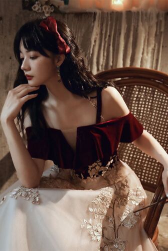 Velvet Cold-Shoulder Gown with Floral Embroidered Tulle Skirt – Perfect for Weddings and Formal Events