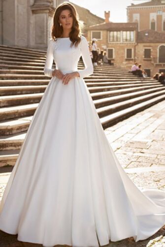 Long-Sleeve A-Line Gown with High Neck and Long Train for Formal Events