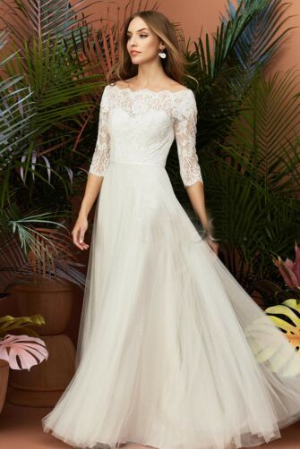 Lace Illusion Neckline Gown with Long Train for Formal Events