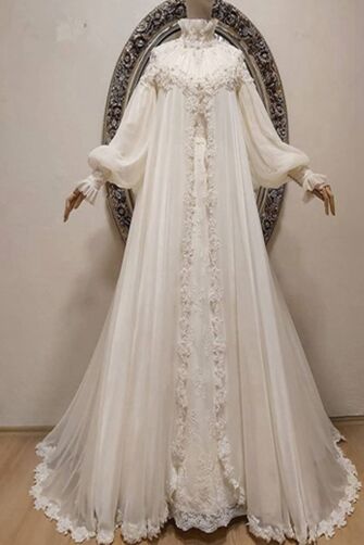 High-Neck Long-Sleeve Lace and Tulle Gown with Long Train for Formal Events