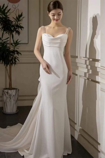 White Pearl-Strap Sweetheart Sheath Gown – Perfect for Weddings and Elegant Occasions