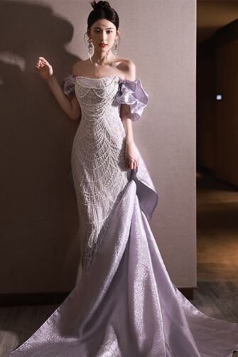 Elegant Off-Shoulder Lavender Evening Gown with Embellished Bodice and Dramatic Train